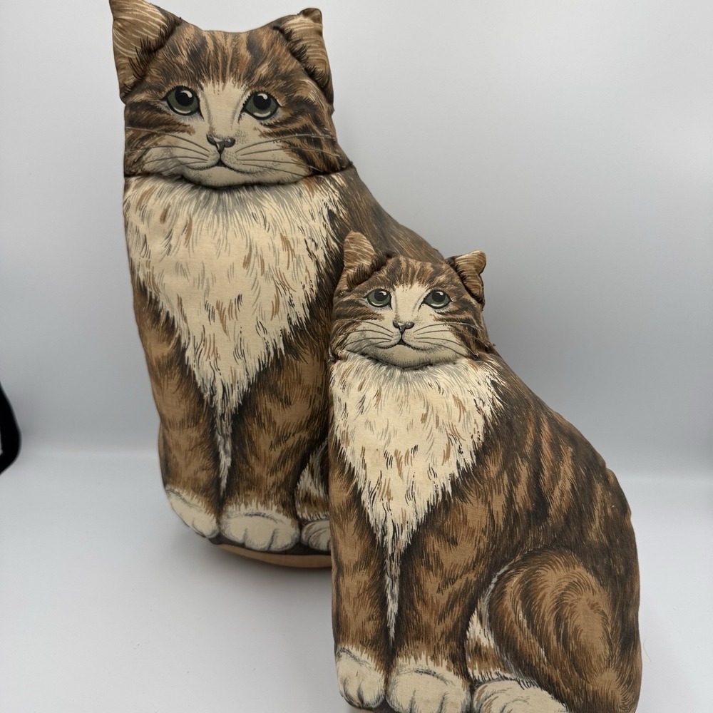 Vintage Lot of 2 Cat & Kitten Brown Striped Tabby Cat Pillows Sewn Fabric Panels